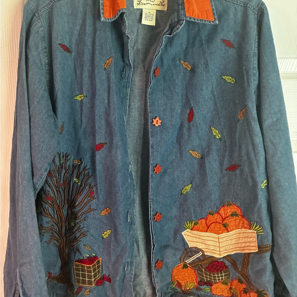 Tantrums Blue Denim Shirt with Floral Embroidery